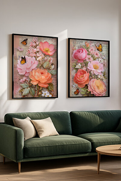 STARYUNA Black Wooden Framed Vintage Flower and Butterfly Themed Double Paint...