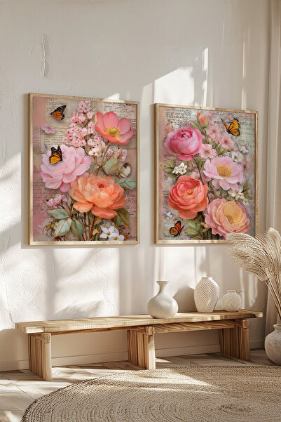 STARYUNA Wooden Framed Vintage Flower and Butterfly Themed Double Painting Se...