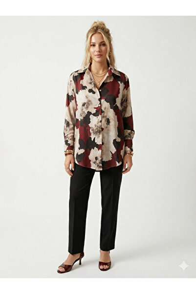 ribana قميص نسائي طويل الأكمام من قماش الساتان مكون من طباعة رقمية قطع مع ياق...