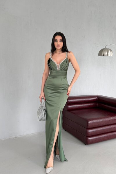 Serica Moda Вечерна рокля без презрамки с разрез, бродирана с камъни Haki