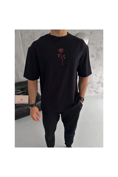 Narnuga Crew Neck Printed Oversize T-Shirt - Black -