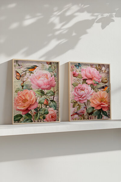 STARYUNA Wooden Framed Flower and Bird Themed Double Painting Set Yuna588