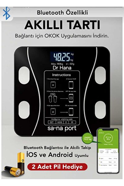 Dr Hana Dijital Tartı, Baskül, Yağ Su Kas Vücut Kitle Endeksi Kilo Ölçer Tartı