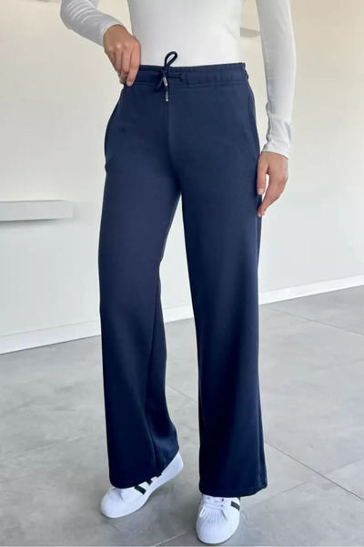 FEVİLLE Women's Dark Blue m Modal Wide Leg Lace-Up Sweatpants