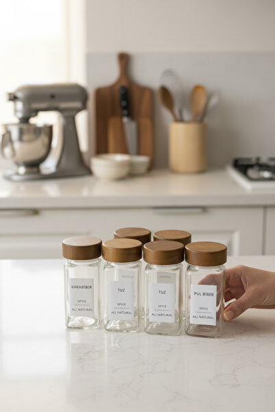 Bereketli Store 6’lı Akasya Kapaklı Baharatlık Seti – Cam Baharat Kavanozu