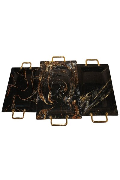 WDA طقم صواني تقديم زجاجية مستطيلة مكون من 3 قطع - تصميم رخامي أسود بمقابض ذه...