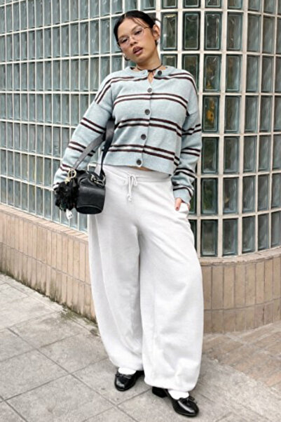 Madmext White Stoppered Barrel Fit Brushed Inside Women's Sweatpants Mg2687