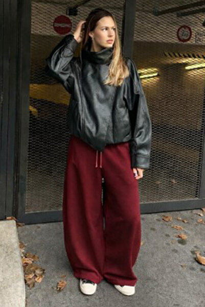 Madmext Burgundy Stoperli Barrel Fit Brushed Inside Women's Sweatpants Mg2687