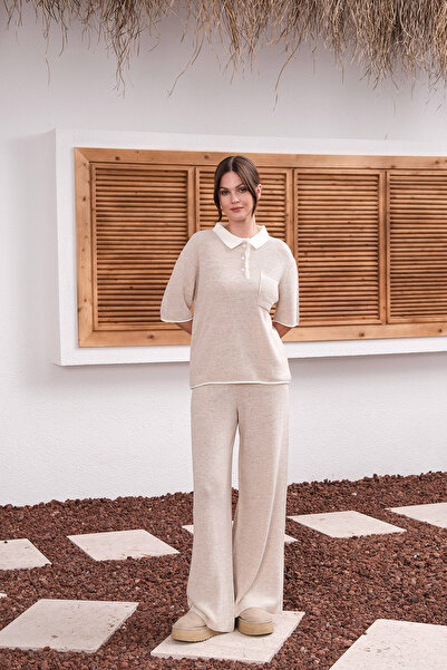 Sea Style Beige Polo Collar Knitwear Double Set – S Slim Fit Top and Wide-Leg...