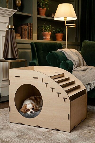 Evene Ahşap Köpek Kulübesi Dekoratif Köpek Evi Açık Meşe Renk Merdiven Oval M...