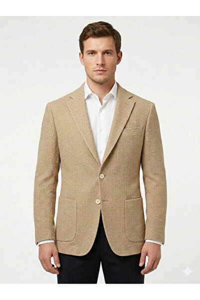 İMAJ MAĞAZACILIK Bej Rengi Örme Dokulu Erkek Slim Fit Blazer Ceket - Krem Düğ...
