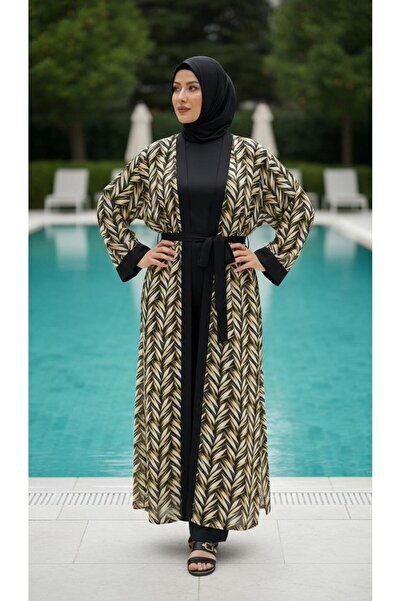 new ats Hijab Leaf Patterned Hijab Swimsuit Set Kimono Pareo Set of 4