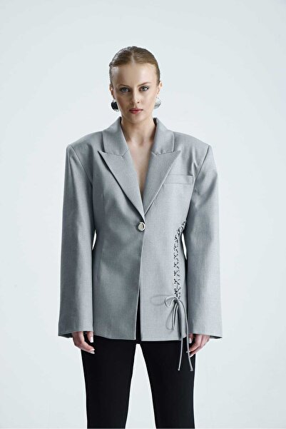 GACA COLLECTION NUİT Belden Oturtmalı Gri Kuş Gözü Detaylı Ceket