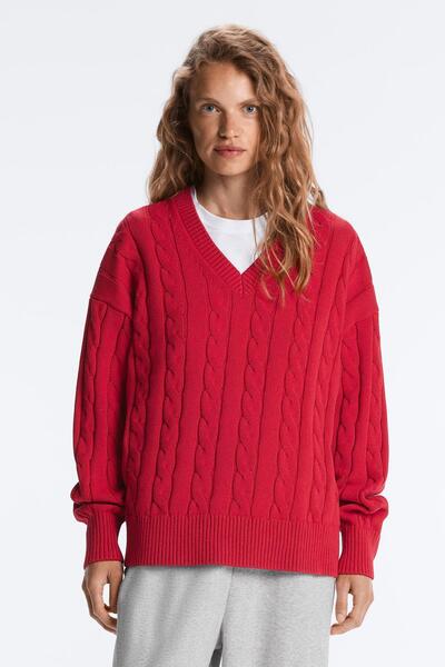 Oysho V Yaka Örgü %100 Pamuklu Kazak