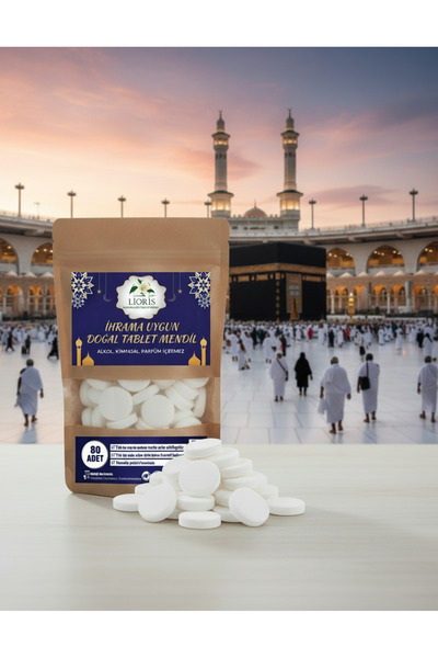 LİORİS İhrama Uygun Sıkıştırılmış Doğal Alkolsüz Kokusuz Mendil-80 Adet Table...