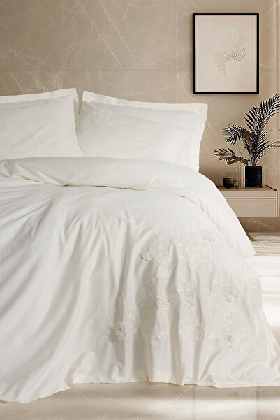 Cotton Box Set cuvertură dublă din satin brodat 3D Ecru șic