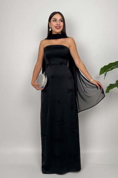 zenne Bow Detail Strapless satin dress black