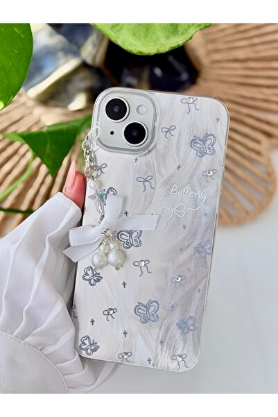 Go Aksesuar حافظة سيليكون متوافقة مع آيفون 14 بلس و15 بلس بتصميم شريط لؤلؤي ساحر