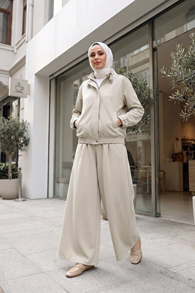 MODAQU Jacketed Pleated Wide-Leg Pants Ocean Fabric Suit - Beige