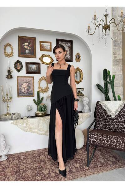 ETİKAFASHION Asimetrik Kat Etek Uzun Abiye Elbise