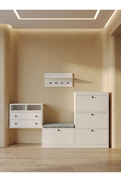 FOR WOMAN DESİGN Ahşap Antre Portmanto Seti 2 Çekmeceli Açık Raflı Modern Bey...