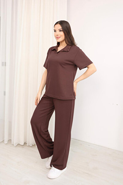 moda poni طقم نسائي بني اللون بياقة بولو