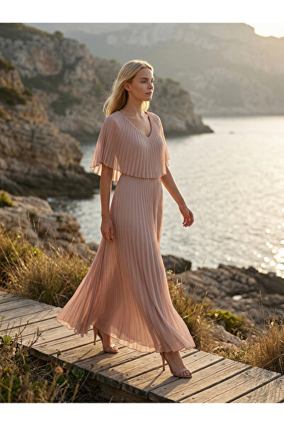 Romina SOLENA Uzun Pileli Şifon V Yaka Pelerin Detaylı Davet Abiye Elbise