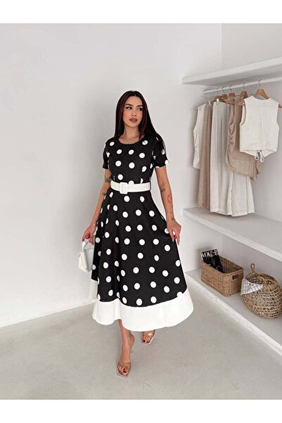 zenne فستان منقط مكشكش حزام لي لي فستان أسود - 4509