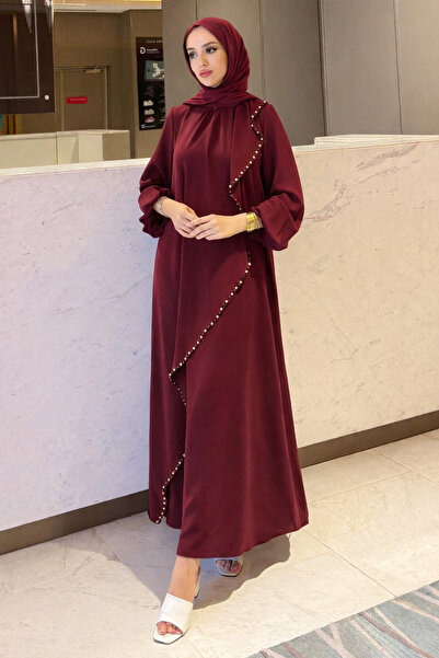 Tesettür Diyarı Γυναικείο φόρεμα με κρεπ υφασμάτινο άκρο με πέτρινη κεντημένη...