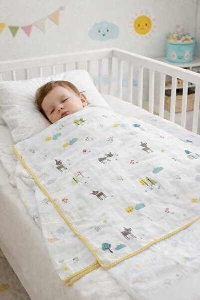 Lina Baby Bloom Geyik Ve Çiçek Desenli % 100 Organik Pamuk (80 Cmx80 Cm)çok A...