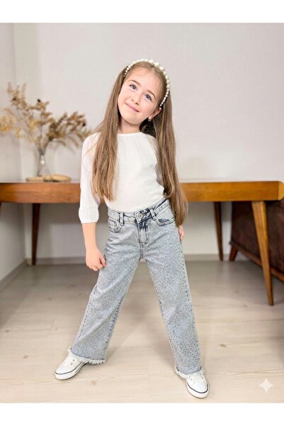 Esprix Kids Kız Çocuk Taş Detaylı Geniş Paça Kot Pantolon Yüksek Bel