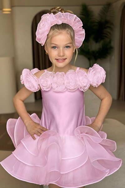 Riccotarz Κοριτσίστικο βραδινό φόρεμα με γιακά Μαντόνα, ροζ με φουσκωτό βολάν...