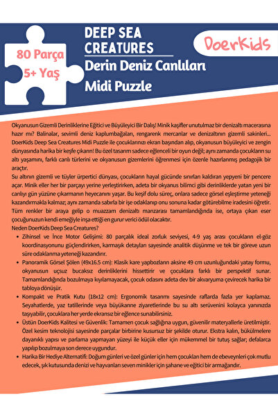 DoerKids Deep Sea Creatures (Derin Deniz Canlıları) Midi Puzzle | 4-9 Yaş 80 Parça
