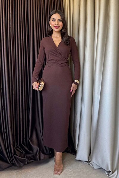 zenne Double-Breasted Long Dress with Slit Yaka Arkası Collar in Brown