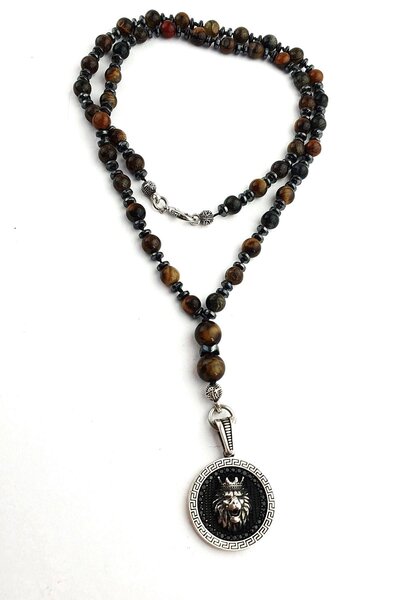 OSESHOP Kaplan Gözü Taşlı 925ayar Gümüş Aslan Figürlü Tasarım Doğal Taş Kolye