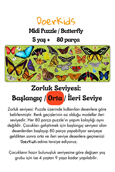 DoerKids Butterflies (Kelebekler) Midi Puzzle | 4-9 Yaş 80 Parça