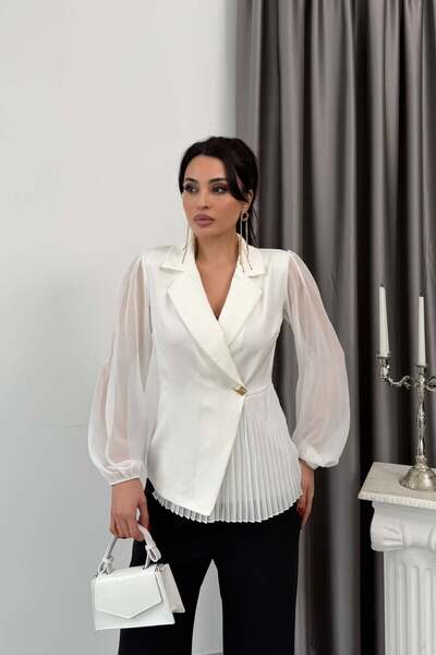 Serica Moda Ecru Tulle Sleeve Pleated Double-Breasted Collar Jacket Blouse