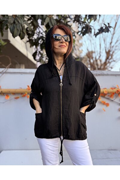 DenizEge Italian Back g Guipure Lace K Hooded Jacket Black