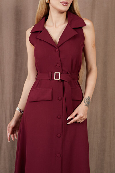 zenne Double-Breasted collar Belt piece dress burgundy