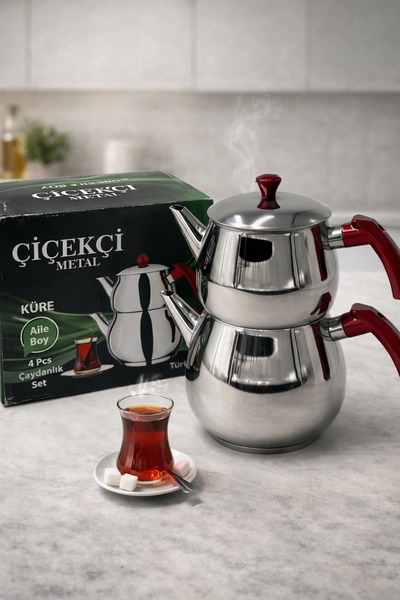 Rivorn Çiçekci Eko Küre Model Family Size Steel Teapot Set – Steel Large Size...