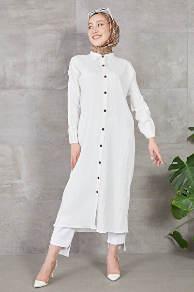 zenne Buttoned Long Tunic with Elastic Sleeves Ecru