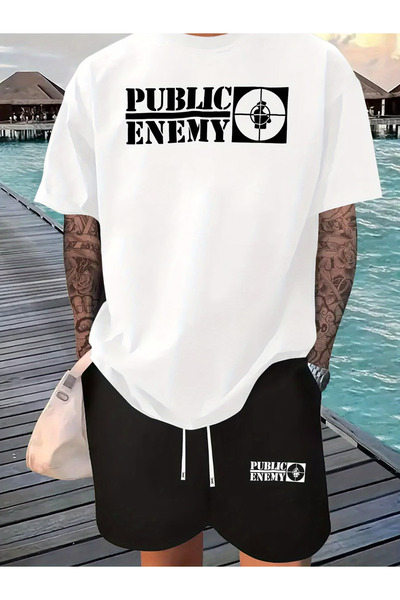 Rayan & Hoor Style Enemy Printed Shorts T-Shirt Sweatpants Set