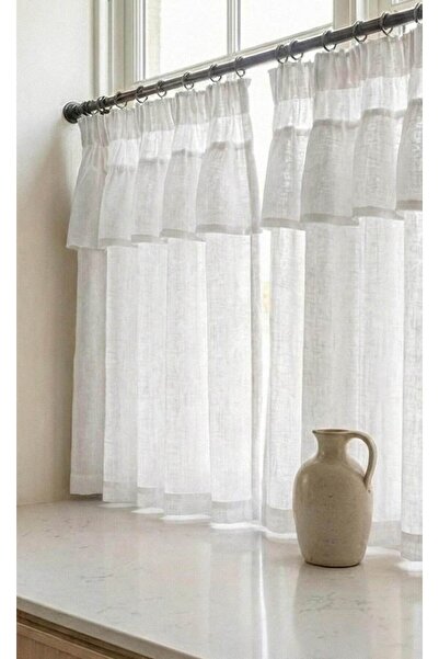 Madame Dower White Linen cafe curtains, rod pocket/slot kitchen curtains 2 pa...