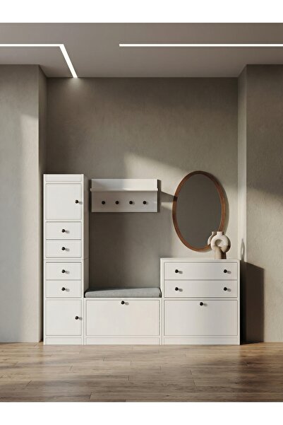 FOR WOMAN DESİGN Ahşap Modern Antre Seti - Minderli Puf Ayakkabılık, Askılık ...