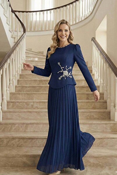 hakimoda Dora Adriana& Chiffon Evening Dress Set Navy Blue