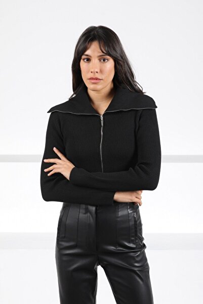 Ferraro Black Zippered Viscose Corded Fabric Cropped Women's Knitwear Cardigan