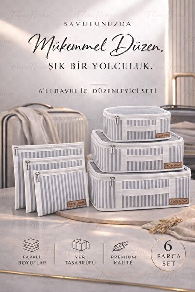 Flow Home Bavul İçi Düzenleyici 6'lı Set Fermuarlı Valiz Organizer Seyahat Hu...