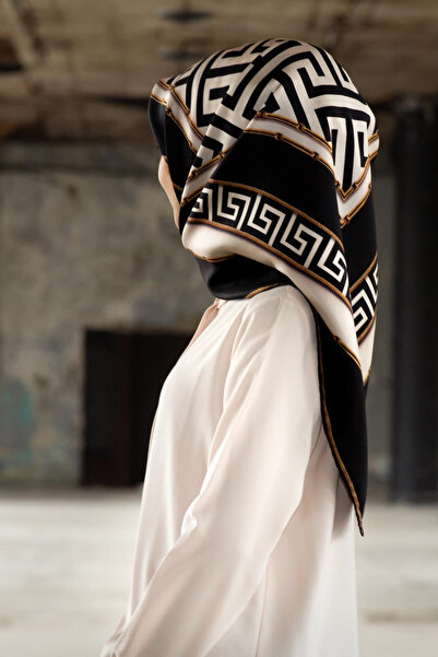 Vissona % 57 İPEK % 43 VİSKON Twill İpek Labirent Ve Geometrik Desenli Siyah ...