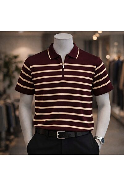 Lufian Erkek Yazlık Kısa Kollu Yarım Fermuarlı Çizgili Triko Tişört
