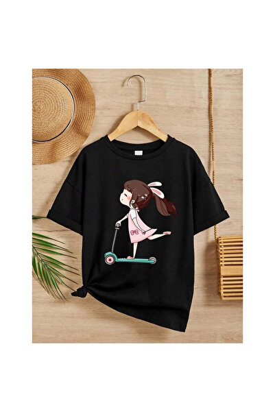 Narnuga تي شيرت بناتي مطبوع برقبة دائرية - أسود